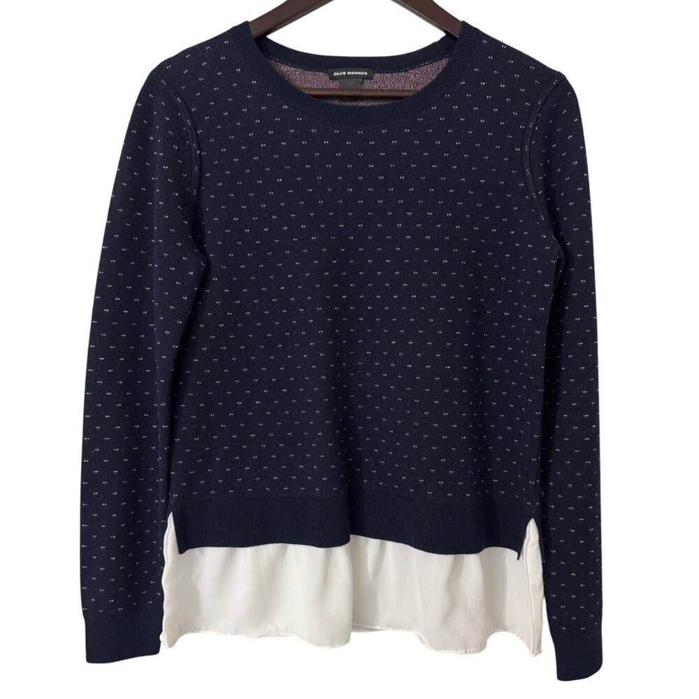 Club Monaco Navy Blue White 100%‎ Extra Fine Merino Wool Sweater Size Medium